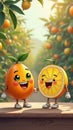 Happy anthropomorphic oranges and lemons in a lush orchard Royalty Free Stock Photo