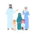 Happy arab family. Muslim young people, islamic man woman and kids. Isolated mother in hijab girl boy and father cartoon