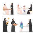 Happy arab family spend time together at home set. Muslim character