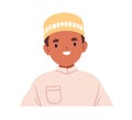 Happy Arab kid portrait. Smiling Muslim boy in Arabic headwear. Cute cheerful Moslem child, Islamic hat, traditional