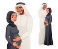 Happy Arab man holding belly of his pregnant wife. Vector illustration. Royalty Free Stock Photo