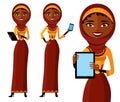 Happy arab woman character with tablet. Pleasantly smiling muslim business girl.