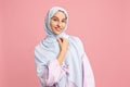 Happy arab woman in hijab. Portrait of smiling girl, posing at studio background Royalty Free Stock Photo