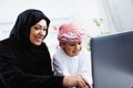 Happy Arabic child at home with his mother