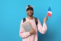 Happy arabic guy student showing flag of France Royalty Free Stock Photo