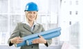 Happy architect woman with work plan