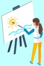 Happy artistic female drawing picture use paint. Woman professional painter stand in front of easel Royalty Free Stock Photo