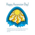 Happy Ascension Day of Jesus greeting card template with Bible quote, clouds and sun rays.