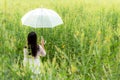 Happy asia woman lifestyle hand holding umbrella in the meadow yellow flower sunrise