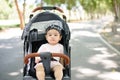 Happy Asian baby sitting in a stroller Blurred background of a shady public garden