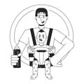 Happy asian babysitter flat line black white vector characte