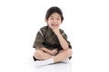 Happy asian boy in kimono sitting Royalty Free Stock Photo