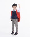 Happy asian boy wearing student backpack isolated on white