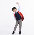 Happy asian boy wearing student backpack isolated on white