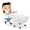 Happy asian businessman with empty shopping cart