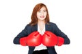 Happy Asian businesswoman with boxing glove Royalty Free Stock Photo