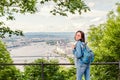 Asian casual woman student enjoying great view of the Parliament building in Budapest city, travel in Europe concept Royalty Free Stock Photo