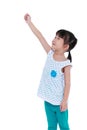 Happy asian child holding something gesture. Isolated on white.