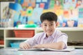 Happy asian child reading book with smile face. Royalty Free Stock Photo