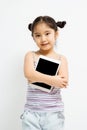Happy Asian child with tablet computer Royalty Free Stock Photo
