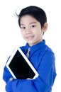 Happy Asian child with tablet computer on isolated background Royalty Free Stock Photo