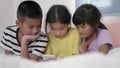 Asian children`s grop using smart phone at bedroom.