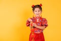 Happy Asian Chinese little girl smile wearing red cheongsam qipao holding silk lanterns Royalty Free Stock Photo