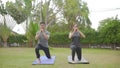 Happy asian couple doing exercises on grass in the park at the day time. People having fun outdoors Royalty Free Stock Photo