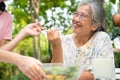 Happy Asian daughter have lunch whit her family and feeding salad to mother in backyard Royalty Free Stock Photo