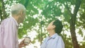 Happy Asian elderly couple morning walk in green city Royalty Free Stock Photo