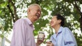 Happy Asian elderly couple morning walk in green city Royalty Free Stock Photo