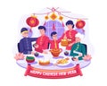 Happy Asian Family gathering is having a reunion dinner and enjoying tasty traditional dishes on Chinese new year`s eve Royalty Free Stock Photo