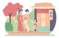 Happy asian family going to an onsen. Parents with child spa day