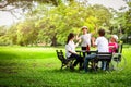 Happy asian family in outdoor park,father,mother with little child girl or daughter play,dancing,singing,elderly woman having fun,