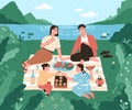 Happy Asian family on picnic in nature. Mother, father and children eating food outdoors on summer holiday. Japanese