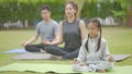 Happy asian family playing with children doing yoga exercises on grass in the park at the day time Royalty Free Stock Photo