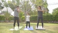 Happy asian family playing with children doing yoga exercises on grass in the park at the day time Royalty Free Stock Photo