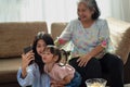 Happy Asian family selfie in their house, love and happiness people concept Royalty Free Stock Photo