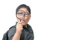 Happy asian fat boy holding magnifying glass. Royalty Free Stock Photo