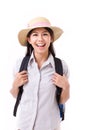 Happy asian female traveller isolated Royalty Free Stock Photo