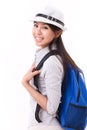 Happy asian female traveller isolated Royalty Free Stock Photo