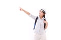 Happy asian female traveller pointing up Royalty Free Stock Photo