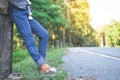 Happy Asian girl backpack in the road Royalty Free Stock Photo