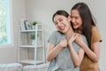 Happy asian girl couple cheerful. Homosexual couple hugging each other in love. LGBT Lesbian couple love. love does not