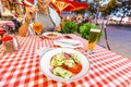 Asian girl drinks a mug of lager beer in a traditional Bavarian restaurant and snacks on a fresh salad. German delicacy Royalty Free Stock Photo