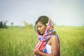 Happy Asian girl enjoy in green rice field, countryside of Thailand at sunset Royalty Free Stock Photo