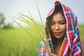 Happy Asian girl enjoy in green rice field, countryside of Thailand at sunset Royalty Free Stock Photo