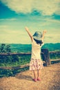 Happy asian girl relaxing outdoors, travel on vacation. Cross pr Royalty Free Stock Photo