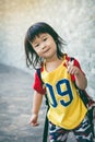 Happy asian girl with thump up and relaxing outdoors, travel on Royalty Free Stock Photo