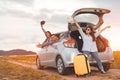 Happy asian group of friends car travel driving and suitcase at mountain lake river in vacation Royalty Free Stock Photo